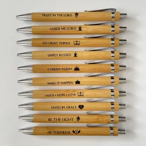 10pcs bamboo ballpoint pens set with inspirational Bible verse engraved, smooth writing.