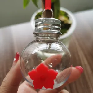 Detailed close-up of clear glass bulb hummingbird feeder with red flower feeding port.