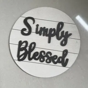 Round wooden sign with Simply Blessed text, perfect for farmhouse tiered tray decor.