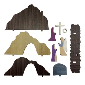 Detailed view of the Easter resurrection scene wooden tiered tray decor pieces components.