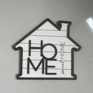 Wooden farmhouse home sign detail for tiered tray decor, rustic tabletop ornament.