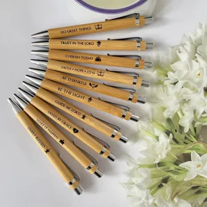 Natural Bamboo Wood Ballpoint Pen Set 10 Pieces Click Ball Pens With Inspirational Bible Verses Laser Engraved