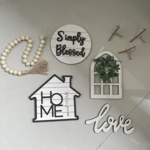 Farmhouse tiered tray decor set, rustic wooden signs with beads and home accents.