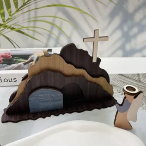 Wooden Easter resurrection scene decor piece, hollow tomb and cross holiday ornament home.