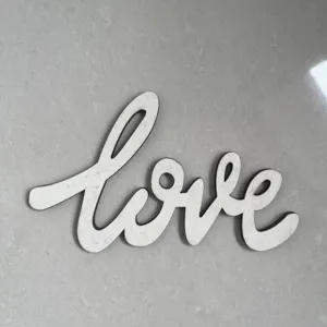 Wooden Love sign for farmhouse tiered tray decor, rustic white cursive tabletop ornament.