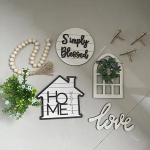Farmhouse Tiered Tray Decor Set Wooden Signs Greenery Bead Garland Rustic Home Accents