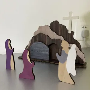Easter resurrection scene wooden decor details showing multi-layered mountain, cross and figures.