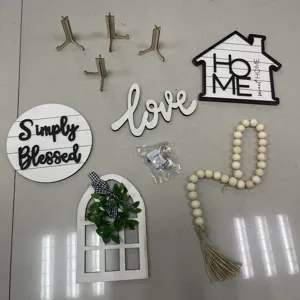 Farmhouse tiered tray decor set wooden signs beads garland home table rustic ornaments details.