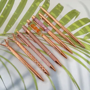 Set of 8 rose gold ballpoint pens with diamond topper glitter dry flower and metallic finish