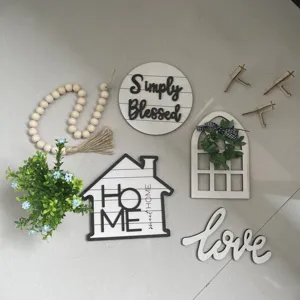 Farmhouse tiered tray decor set wooden signs beads and table ornaments for home decor