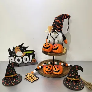 Halloween Wooden Pumpkin Gnome Tiered Tray Decor Cute Dwarf Castle Sign Festive Holiday Party Tabletop Ornament Home Decor