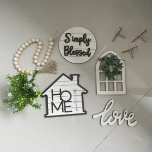 Wooden farmhouse tiered tray decor set featuring cute signs, beads, and mini stands for home.