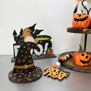 Halloween tiered tray decor set wooden signs pumpkins witch hat party tabletop ornaments