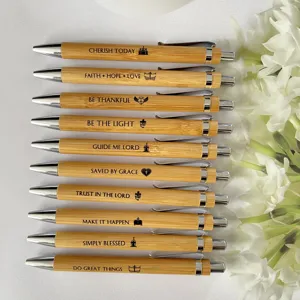 10pcs bamboo ballpoint pens engraved with inspiring bible verses, metal clip click pens.