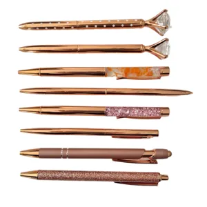 Rose gold ballpoint pens set of 8, featuring stylish diamond toppers and glitter designs.