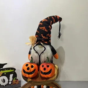 Halloween gnome tiered tray decor with bats hat and mini carved pumpkins cute holiday ornament