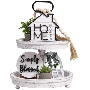 Farmhouse tiered tray decor set with wooden signs, mini plants and beaded garland for home.