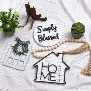 Farmhouse tiered tray decor set with wooden signs, bead garland, and miniature home ornaments.