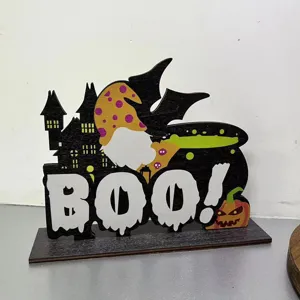 Halloween wooden table sign with gnome castle pumpkin and BOO letter for tiered tray decor