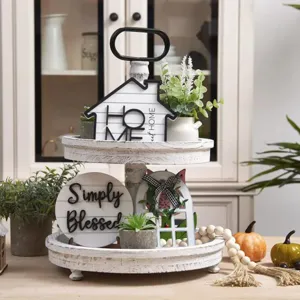 Farmhouse tiered tray decor set with wooden rustic signs and artificial plants for home table.