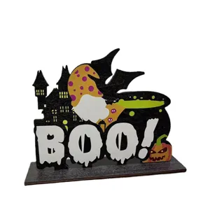Halloween Wooden Gnome Desktop Sign Haunted Castle Pumpkin Spooky Table Decor Boo Party