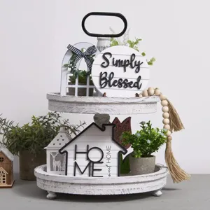 Farmhouse Tiered Tray Decor Wooden Sign Bead Garland Potted Plant Home Decor Table Centerpiece Rustic Country Decor