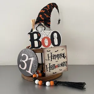 Wooden Halloween Tiered Tray Decor Pumpkin Dwarf Sign Set Ghost Bat Cute Gnome Ornaments For Home Holiday Party Decoration