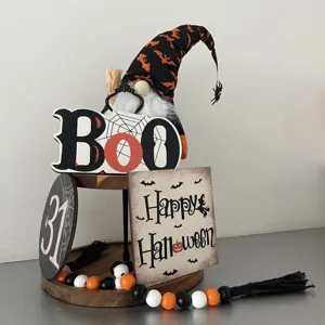 Halloween tiered tray decor set wooden gnome sign pumpkin spooky home tabletop display.