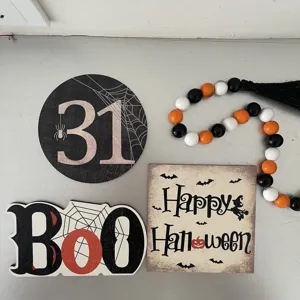 Halloween wooden tiered tray decor set with sign and beads for spooky holiday party home.