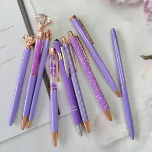 Purple ballpoint pen set of 9 decorative diamond heart crown glitter cute school stationery