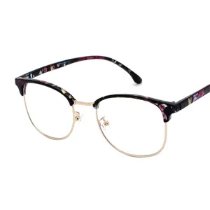 Retro Halbrand Brillenrahmen rund mit Blumenmuster und goldener Metallverzierung
