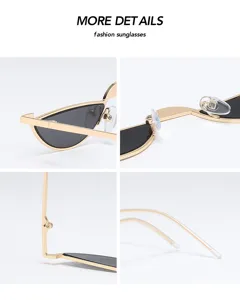Vue détaillée haute définition des lunettes de soleil œil de chat dorées à demi-monture