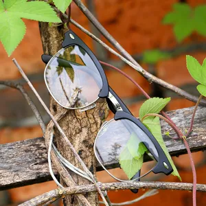 Unisex vintage semi-rimless square anti-blue light glasses with black gold metal frame