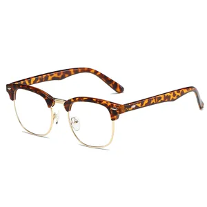 Vintage leopard print blue light blocking glasses with half-metal gold square frame
