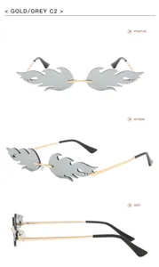 Vistas detalladas de gafas de sol sin montura con forma de llama en oro y gris