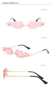 Vistas detalladas de gafas de sol sin montura en forma de llama rosa con patillas metálicas doradas