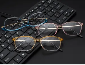 Detailed view of three retro eyeglasses frames in blue, pink, and yellow colors