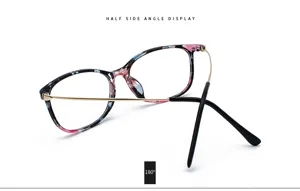 Side detail view of floral pattern retro full-frame glasses frames with gold temples