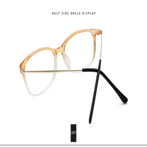 Detail view of retro glasses frame with champagne clear front and gold metal temples.