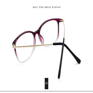 Side angle detail of retro purple gradient eyewear frames with elegant gold temples
