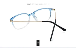Side view of retro blue gradient cat-eye eyeglass frame with gold metal temples