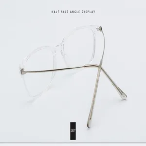 Side view of clear retro eyeglass frames with silver metal temples and 180° hinges.