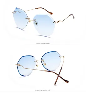 Rimless polygonal sunglasses with blue gradient lenses shown from multiple angles