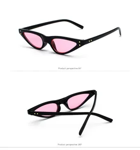 Detailansichten der Retro-Katzenaugen-Sonnenbrille mit rosa Gläsern und schwarzem Rahmen