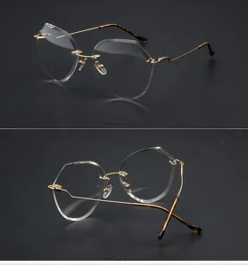 Detail view of frameless polygon sunglasses with gold temples in multiple angles