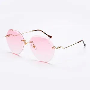 Women Polygon Rimless Sunglasses Gradient Ocean Lens Irregular Fashion Oversized Metal Frame UV400 Protection Sun Glasses