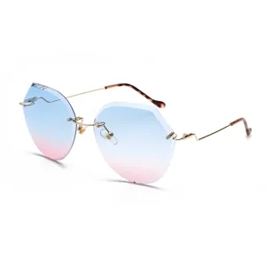 Stylish rimless polygon sunglasses with blue and pink gradient lenses