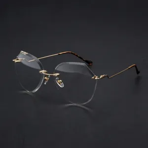 Chic women's rimless heptagonal sunglasses featuring stylish gold-tone metal temples