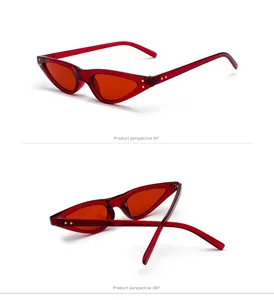 Detailansichten der roten Retro-Cat-Eye-Sonnenbrille mit transparentem Dreiecksrahmen