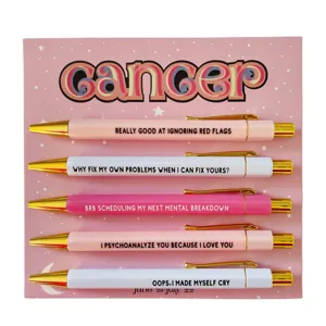 Set di penne a sfera zodiaco Cancro, 5 penne retrattili con citazioni su cartoncino rosa.